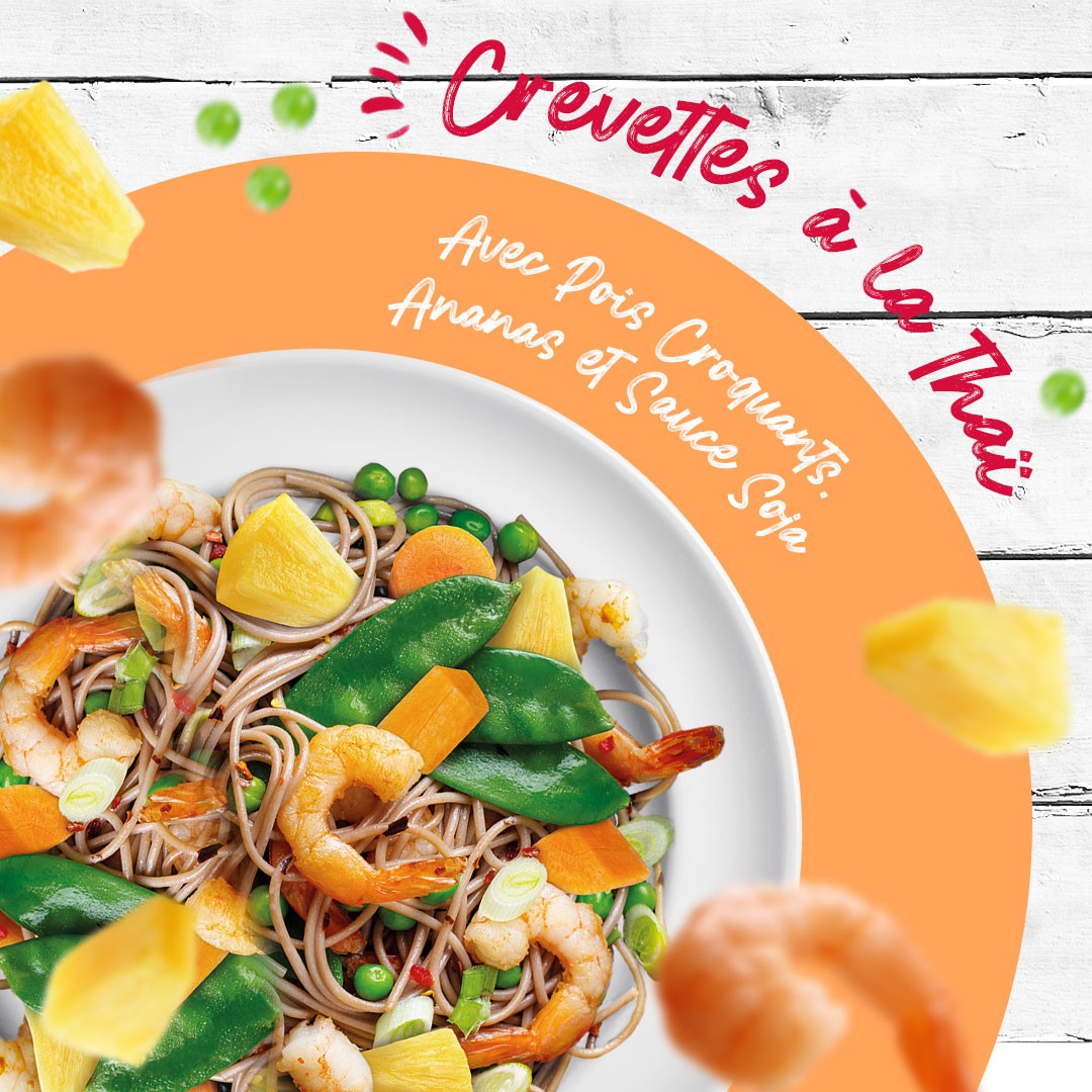 Crevettes à la Thaï avec pois croquants, ananas et sauce soja