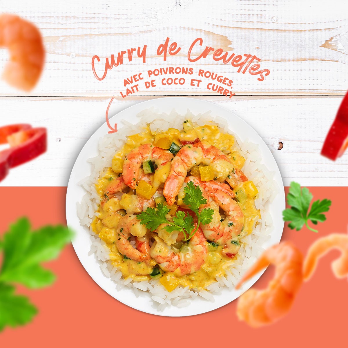 Curry de Crevettes avec poivrons rouges, lait de coco et curry