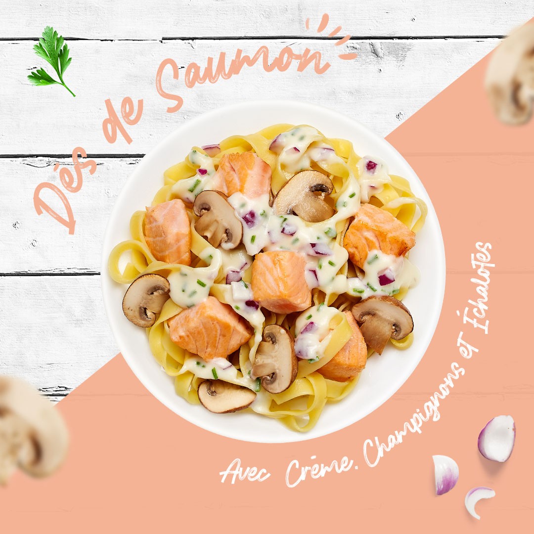 Tagliatelle aux Dès de Saumon avec crème, champignons et échalotes