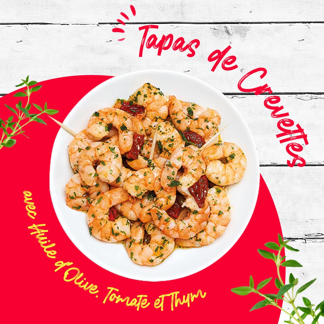 Tapas de Crevettes avec huile d’olive, tomate et thym