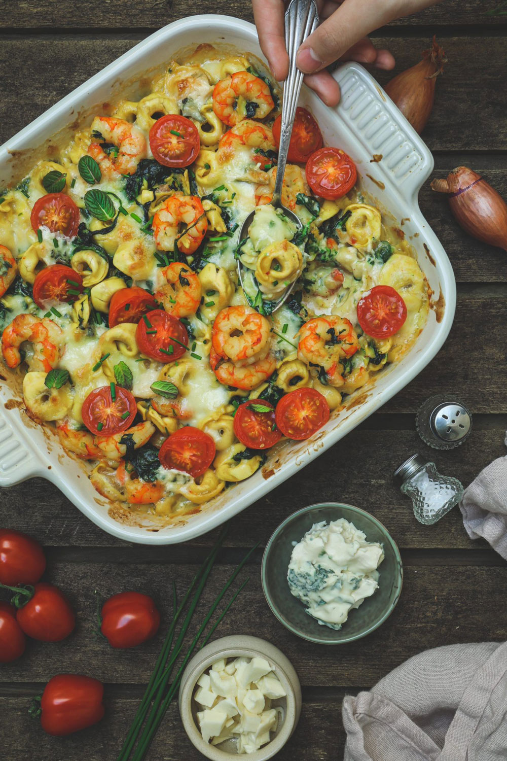 Tortellini gratinés aux Gambas, épinards et gorgonzola