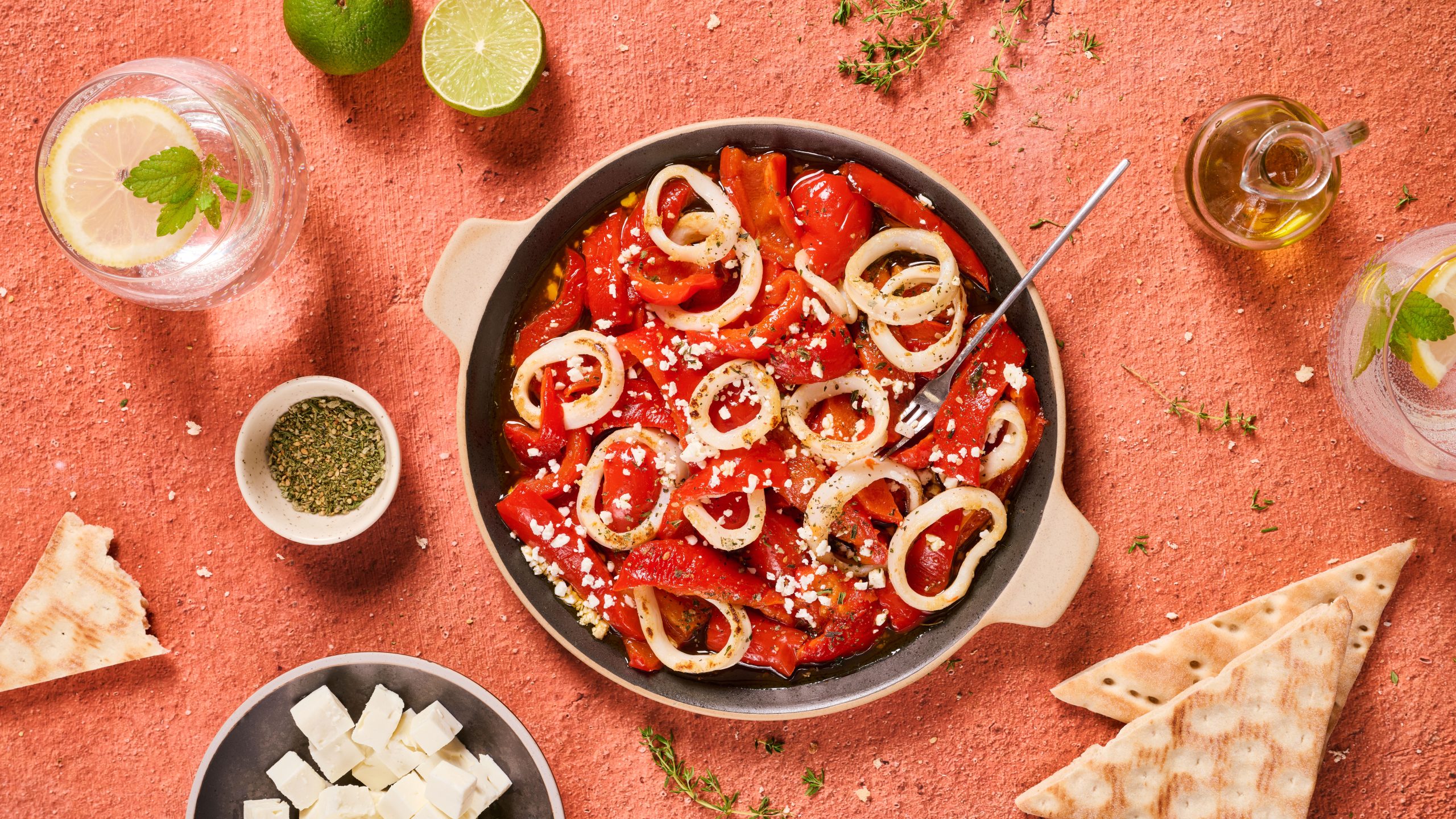 Tapas de Calmar, Poivrons Confits et Feta